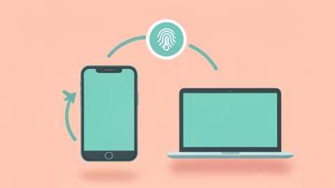 A smartphone and laptop connected by a sync arc with a fingerprint icon, representing passkeys across devices