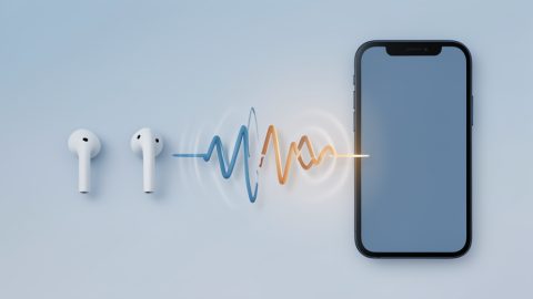Conceptual illustration of a broken sound wave between wireless earbuds and a phone with interference ripples, evoking Bluetooth audio dropouts