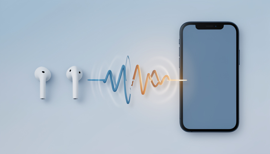 Conceptual illustration of a broken sound wave between wireless earbuds and a phone with interference ripples, evoking Bluetooth audio dropouts