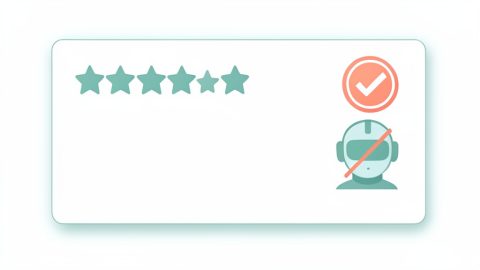 Conceptual illustration of a hotel review card with a verified checkmark badge next to a crossed-out robot-review icon, evoking verified reviews without AI-generated spam