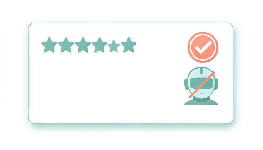 Conceptual illustration of a hotel review card with a verified checkmark badge next to a crossed-out robot-review icon, evoking verified reviews without AI-generated spam