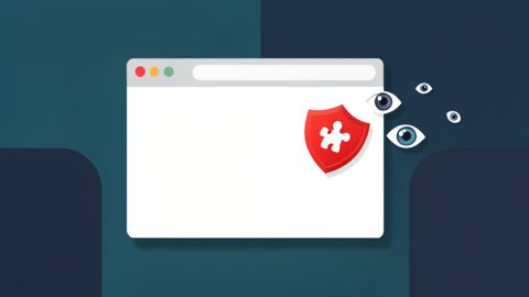 A browser window with an extension puzzle-piece shield and watching eyes drifting out to signal data collection