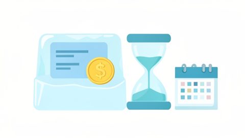 A business bank card and a dollar coin frozen inside a block of ice beside an hourglass and a calendar