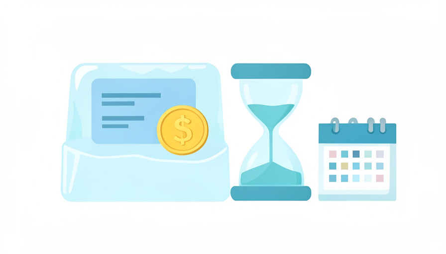 A business bank card and a dollar coin frozen inside a block of ice beside an hourglass and a calendar