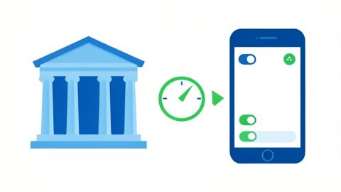 A bank building on one side and a banking app on a phone on the other, with a clock and fast-forward arrow between them