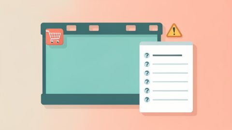A film frame with a buy cart, a warning triangle, and a checklist card of question marks