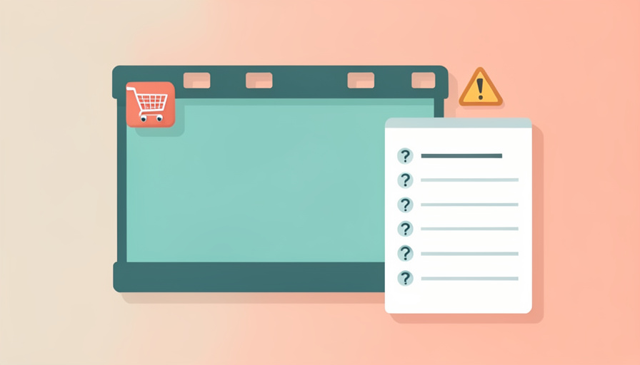 A film frame with a buy cart, a warning triangle, and a checklist card of question marks
