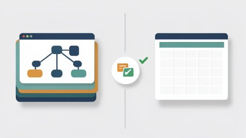 A routing-flowchart booking panel with stacked calendars beside a simple calendar-grid panel, with a conflict warning icon