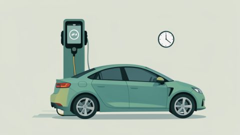 An EV plugged into a public DC fast charger with a partly filled battery gauge on the screen and a clock icon
