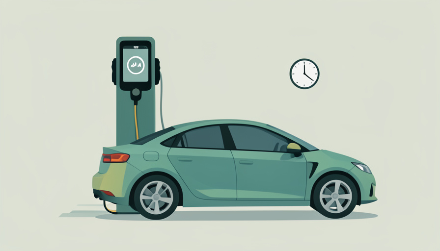 An EV plugged into a public DC fast charger with a partly filled battery gauge on the screen and a clock icon