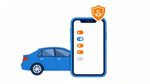 A car linked to a phone showing permission toggles, a location pin, a privacy shield, and a discount tag