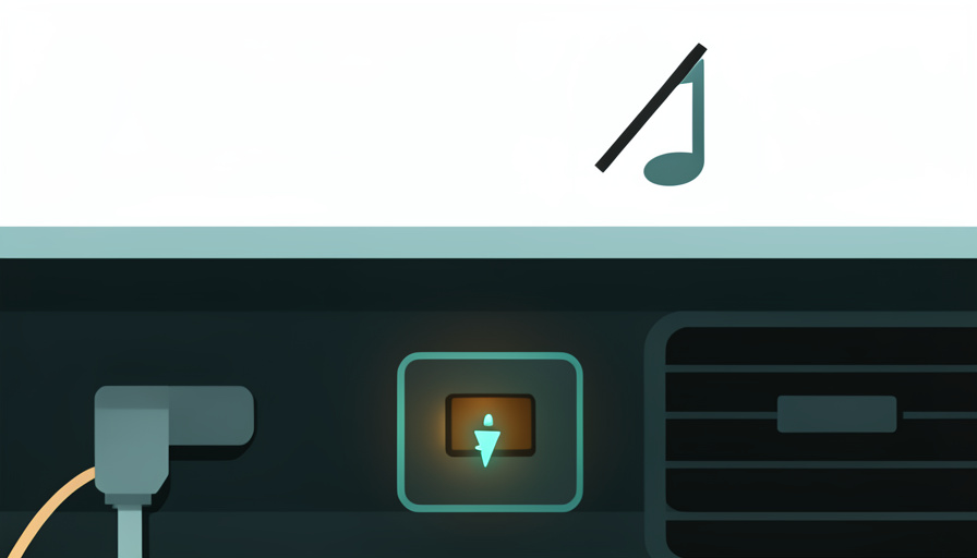 Conceptual illustration of a car dashboard USB port with a charging symbol lit but a crossed-out musical note, evoking a USB port that charges but plays no audio