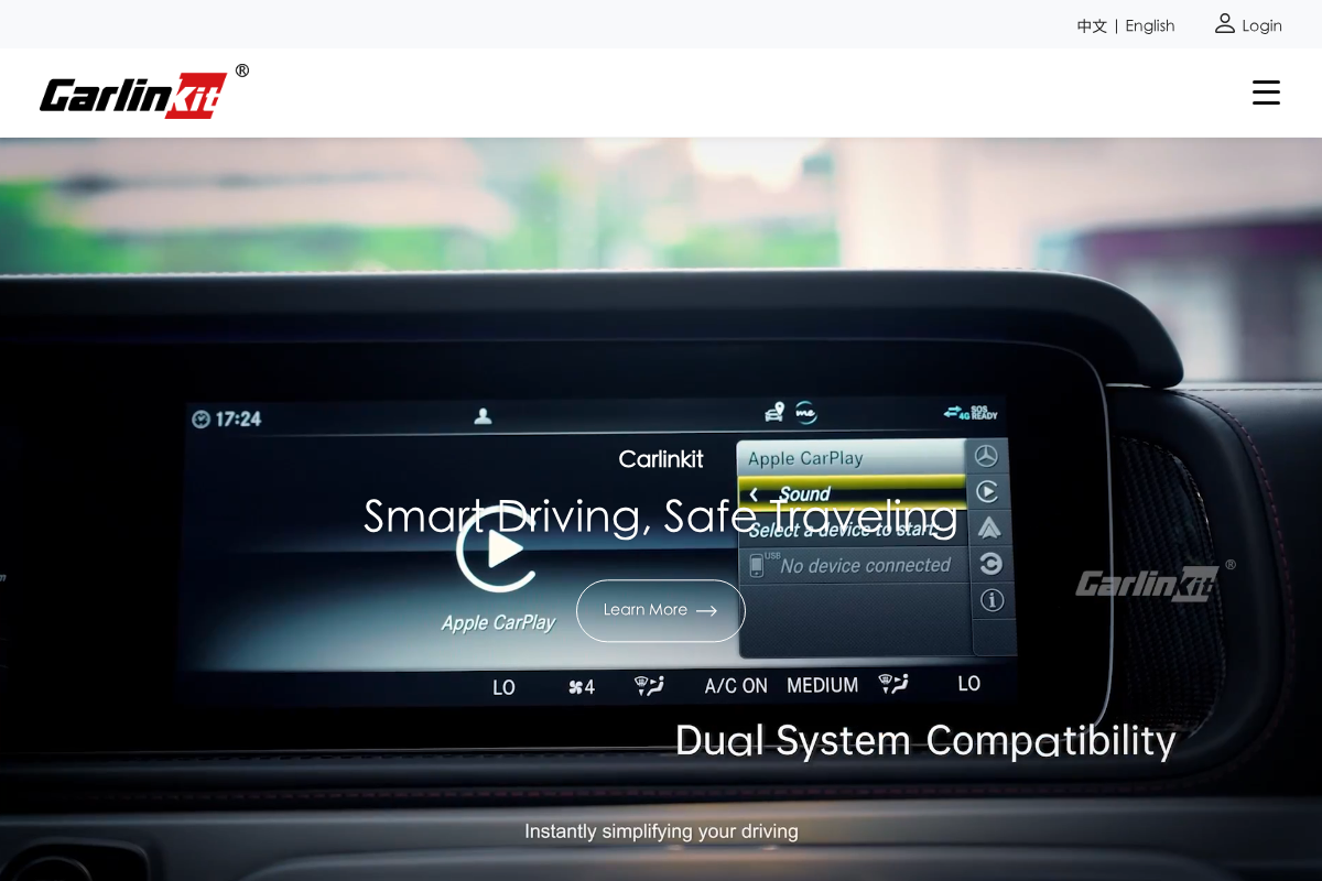 CarlinKit wireless CarPlay adapter product page, a dual-band dongle that converts factory wired CarPlay to wireless
