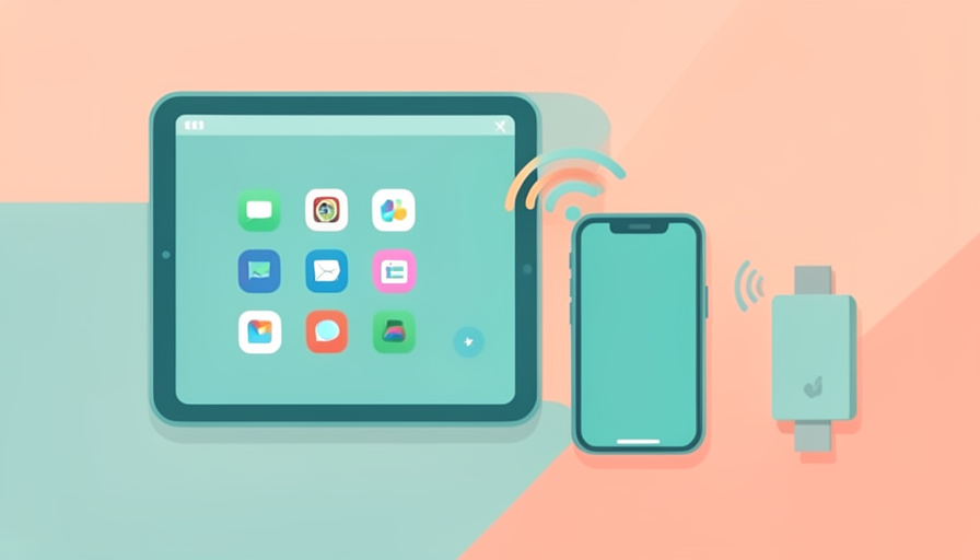 A car dashboard screen, a smartphone with a wireless signal, and a small dongle adapter with a USB plug