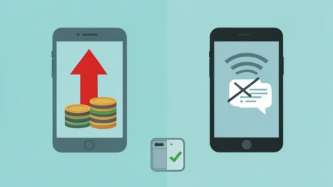 A split image of a carrier roaming bill warning and a travel eSIM app with a blocked text-code icon, and a dual-SIM fix