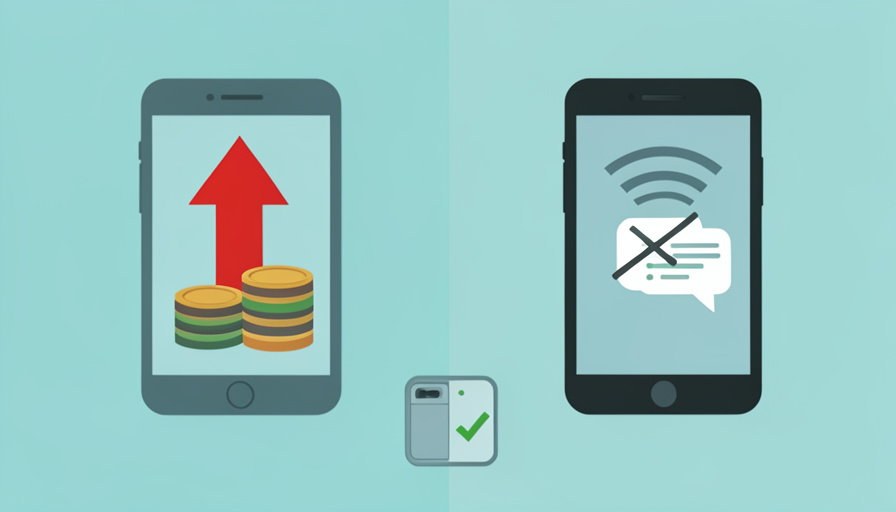A split image of a carrier roaming bill warning and a travel eSIM app with a blocked text-code icon, and a dual-SIM fix