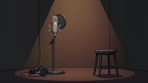 Conceptual illustration of a studio microphone on a stand in a recording booth with a spotlight, evoking a voice-acting session and casting debate