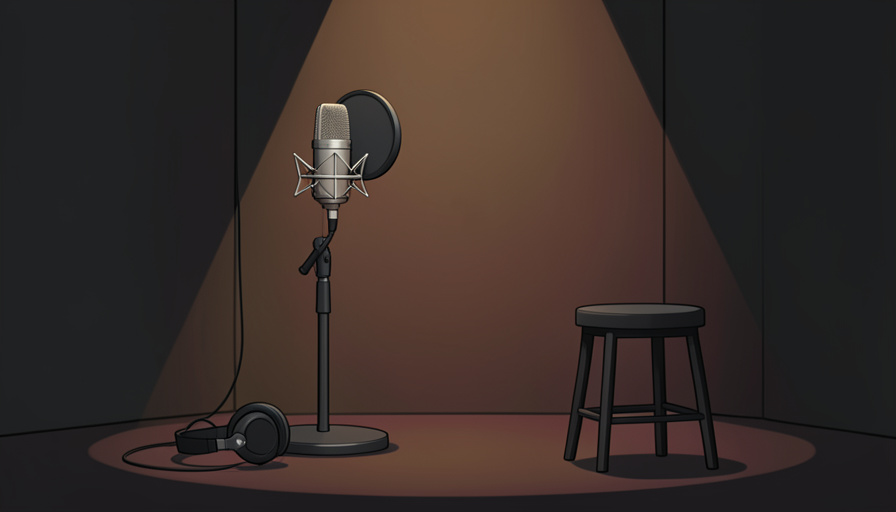 Conceptual illustration of a studio microphone on a stand in a recording booth with a spotlight, evoking a voice-acting session and casting debate
