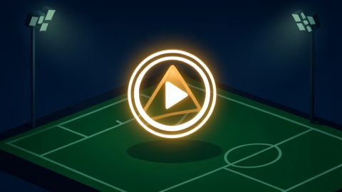 Conceptual illustration of a glowing play button over a football pitch overlaid with a warning triangle, evoking risky free-stream promos