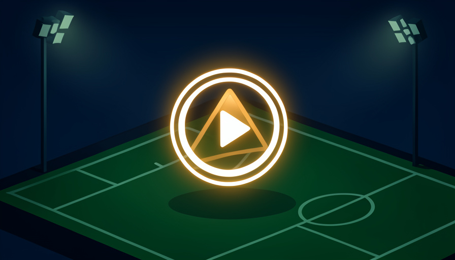 Conceptual illustration of a glowing play button over a football pitch overlaid with a warning triangle, evoking risky free-stream promos