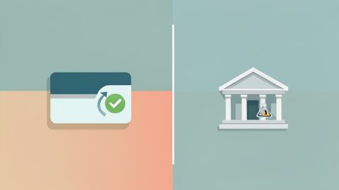 A refund path with a card and green checkmark beside a chargeback path with a bank and a warning symbol
