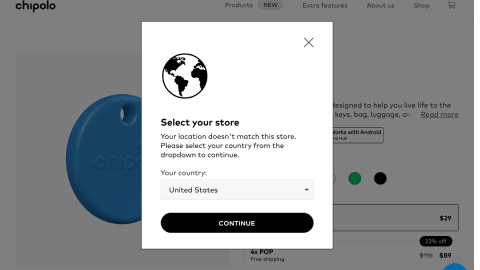 Chipolo POP tracker product page, an affordable cross-platform luggage tracker that works with Apple Find My or Google Find Hub