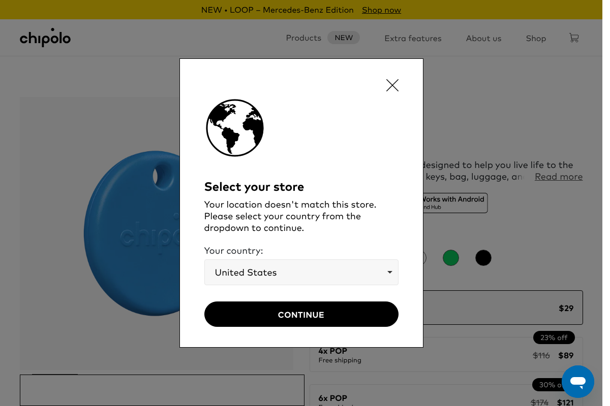 Chipolo POP tracker product page, an affordable cross-platform luggage tracker that works with Apple Find My or Google Find Hub