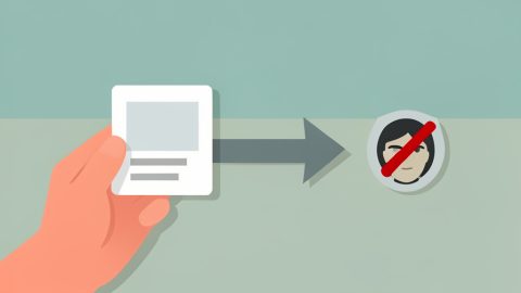 A hand holding a blank ID card with a fast-track arrow pointing to a face icon crossed out, meaning no biometric scan