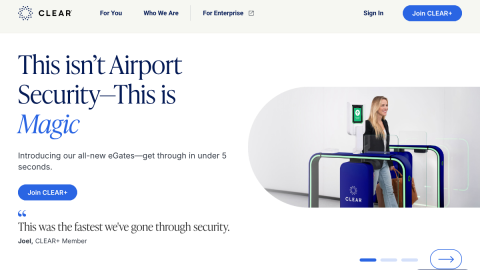CLEAR Plus homepage describing biometric identity verification to move faster through airport security