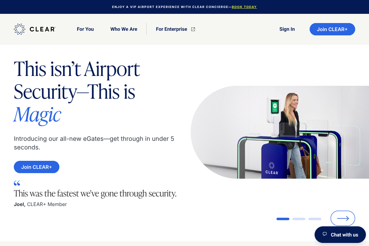 CLEAR Plus homepage describing biometric identity verification to move faster through airport security