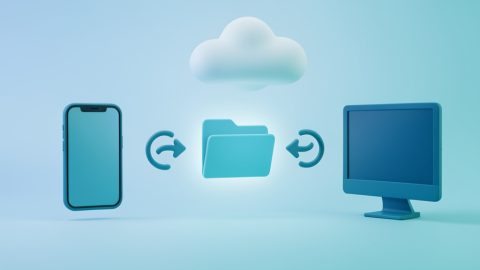 Conceptual illustration of a folder linked by sync arrows between a phone and a desktop computer, evoking cross-device cloud storage folder sync