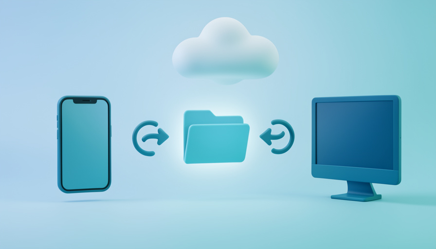 Conceptual illustration of a folder linked by sync arrows between a phone and a desktop computer, evoking cross-device cloud storage folder sync