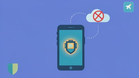 An Android phone with an on-device AI chip icon and an airplane-mode test, beside a crossed-out cloud