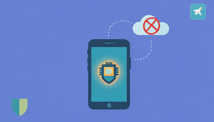 An Android phone with an on-device AI chip icon and an airplane-mode test, beside a crossed-out cloud