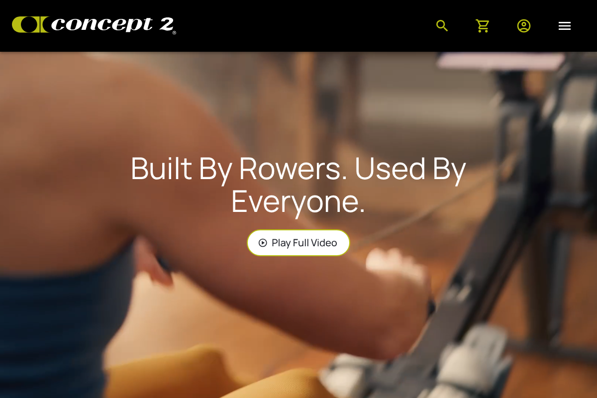 Concept2 indoor rowing machine product page showing a compact rower that stores upright