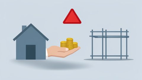 Conceptual illustration of a house, a stack of coins handed over, and a warning triangle, evoking an upfront home-improvement deposit at risk