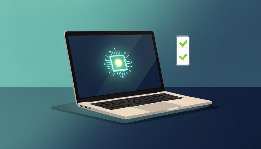 A laptop showing a neural-processor chip icon beside a checklist of green checkmarks