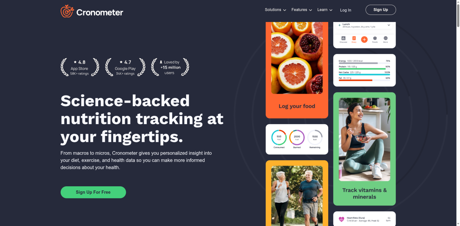 Cronometer nutrition tracking app homepage highlighting verified food database and micronutrients
