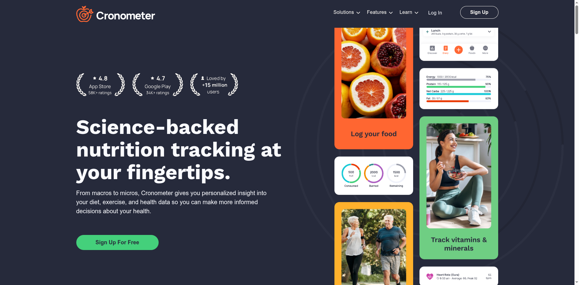 Cronometer homepage showing science-backed nutrition tracking with macro and micronutrient breakdowns
