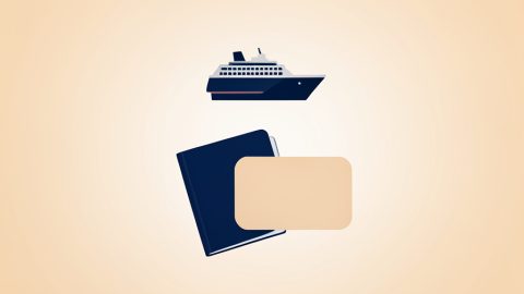 Conceptual illustration of a passport, an ID card, and a boarding pass fanned out beside a small cruise ship icon, evoking cruise boarding paperwork