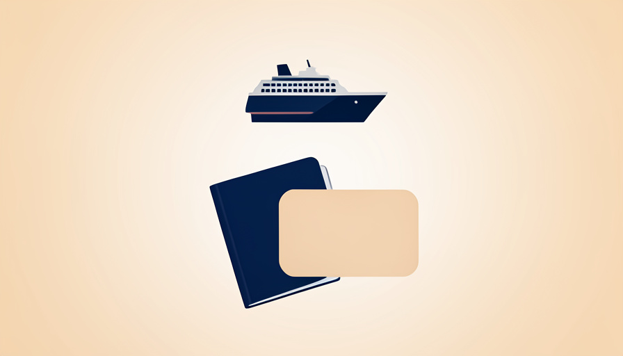 Conceptual illustration of a passport, an ID card, and a boarding pass fanned out beside a small cruise ship icon, evoking cruise boarding paperwork