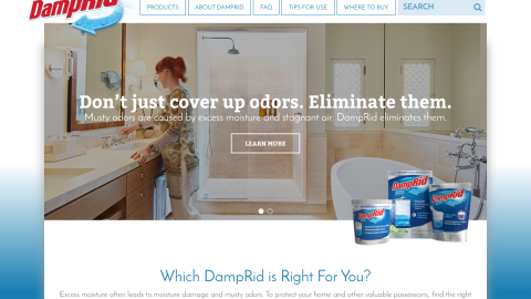 DampRid moisture absorber product page for controlling excess humidity and musty odors