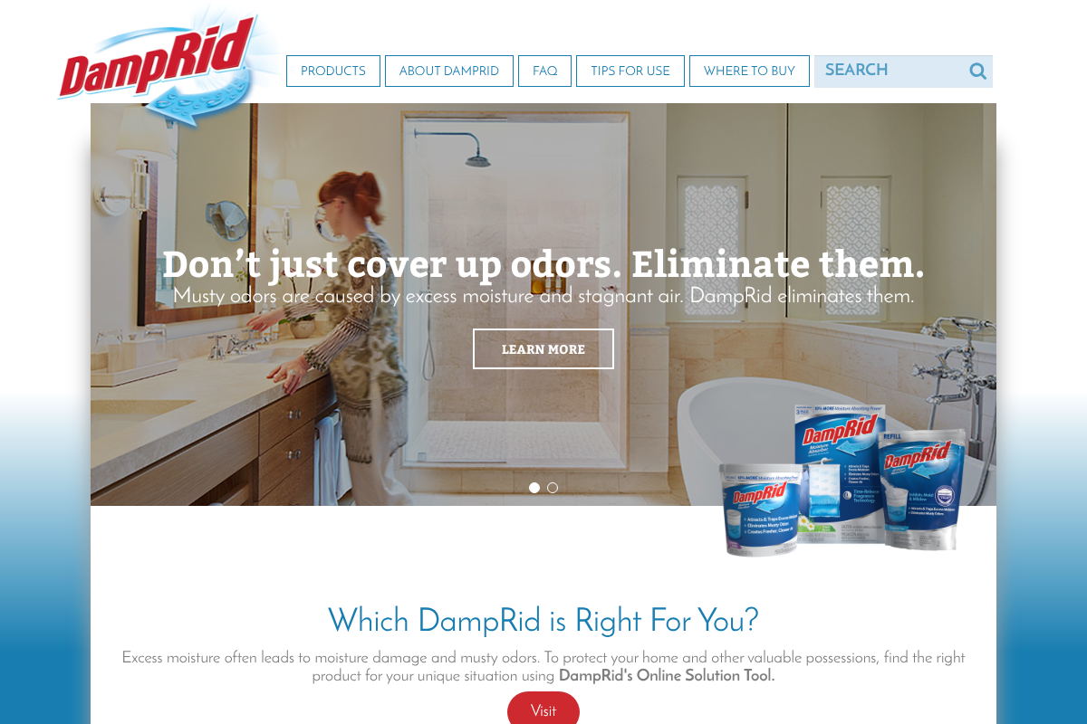 DampRid moisture absorber product page for controlling excess humidity and musty odors