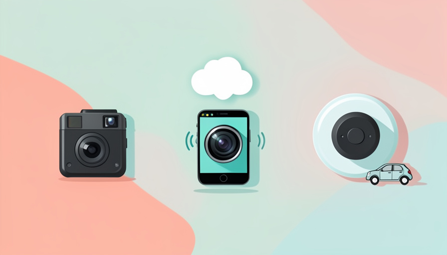 Three no-hardwire camera options, a compact camera, a cloud-connected camera with a phone alert, and a magnetic-mount camera