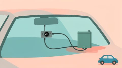 A dash cam on a windshield connected by a cable to a separate battery pack, with a parked-car icon