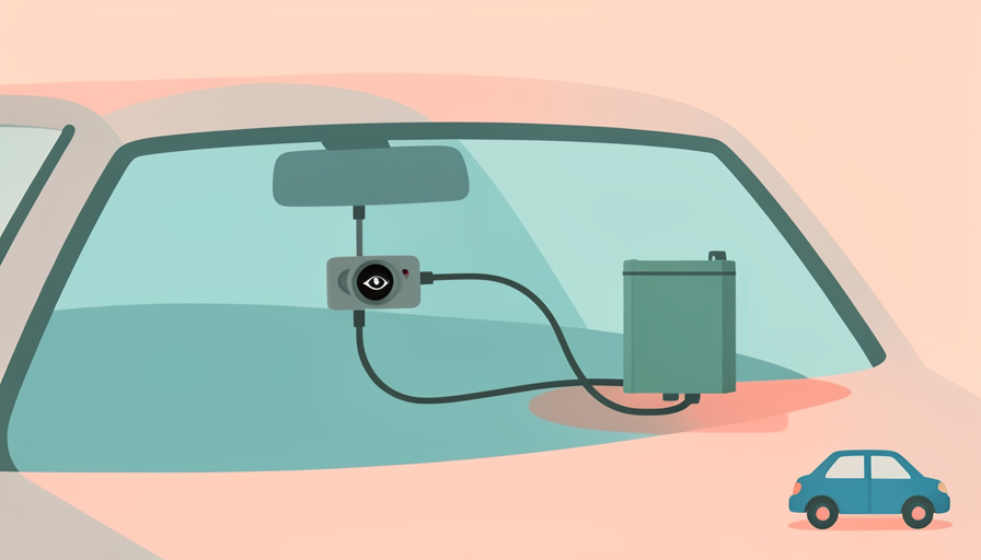 A dash cam on a windshield connected by a cable to a separate battery pack, with a parked-car icon