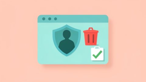 A browser window showing a shielded profile, a delete trash icon, and a verification checkmark