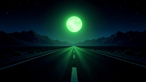 Conceptual illustration of a lone green lantern glow on a dark desert highway at night, evoking a grounded crime-drama mood