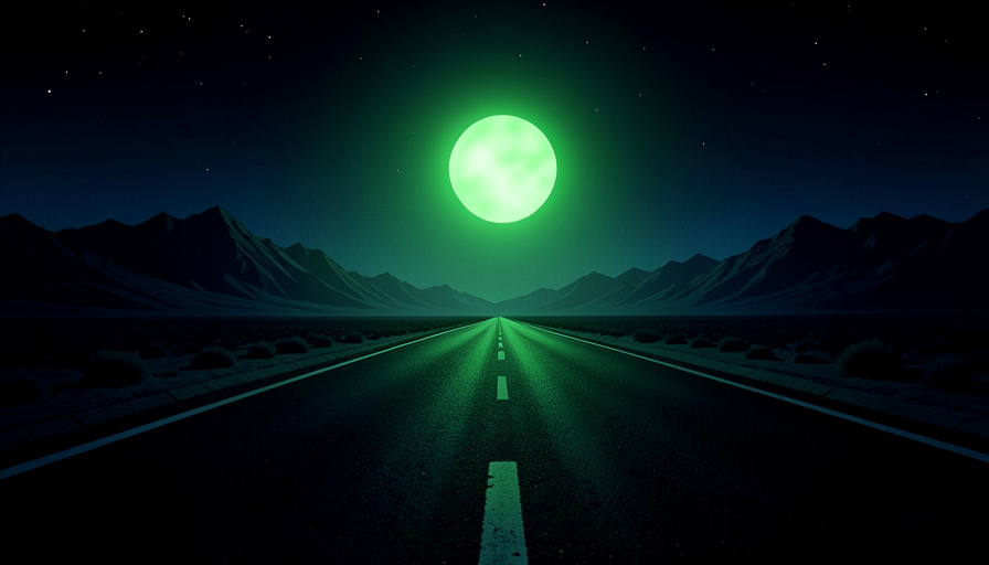 Conceptual illustration of a lone green lantern glow on a dark desert highway at night, evoking a grounded crime-drama mood