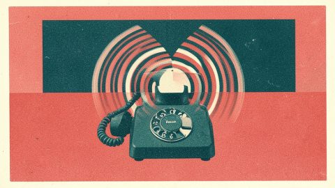 Risograph-style illustration of a vintage rotary telephone with overlapping sound waves radiating from the handset in teal, coral, and cream